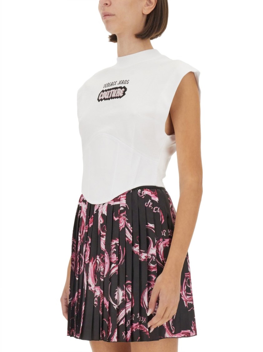 Versace Jeans Couture White Top With Logo And Cap Sleeves In White