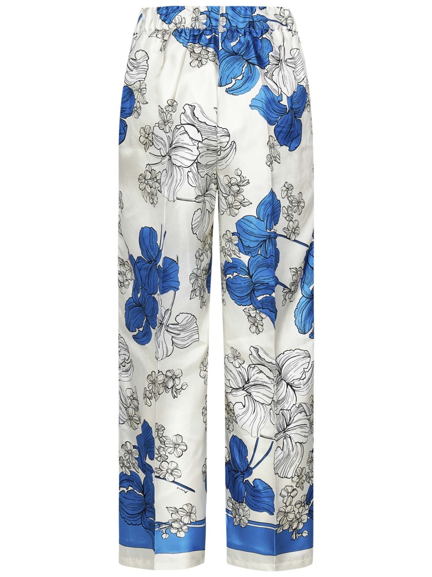 Shop P.a.r.o.s.h Parosh Silk Satin Trousers With Vibrant Flower Print In Blue