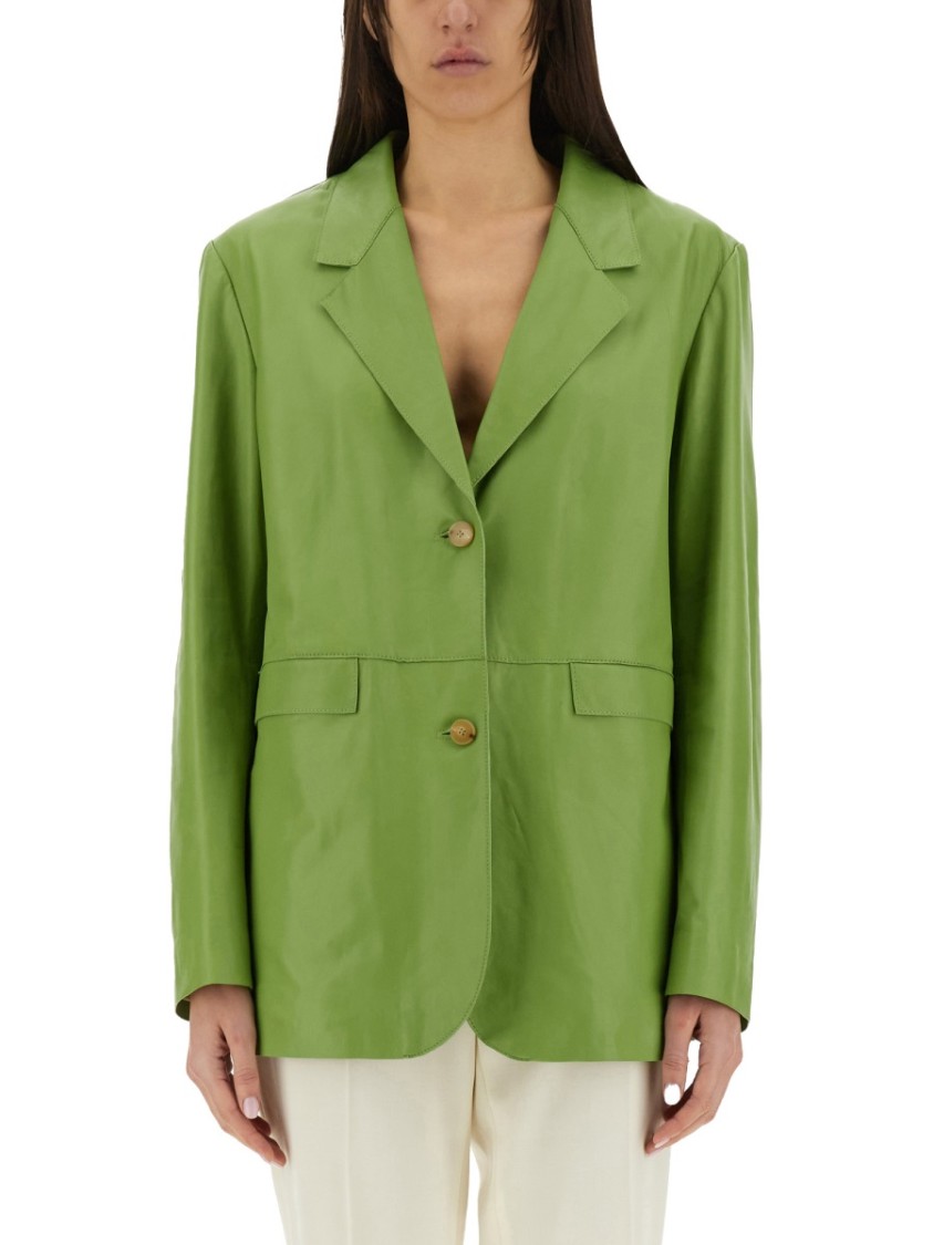 Shop Alysi Oversized Leather Blazer In Green