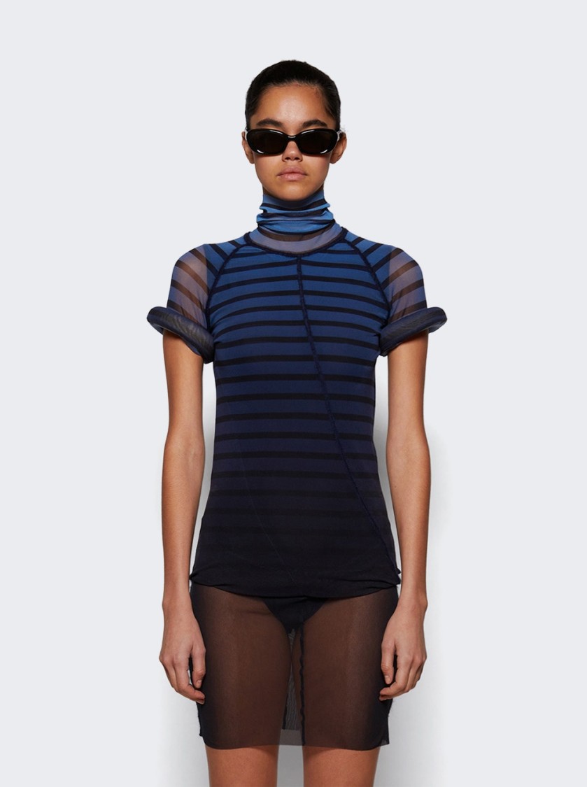 Jean Paul Gaultier Sheer Striped Mesh Dress With Short Sleeves In Blue