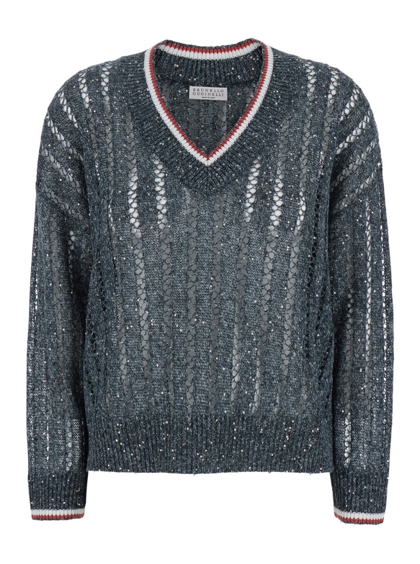 Brunello Cucinelli Blue Sequin T-shirt With V Neck In Linen Blend
