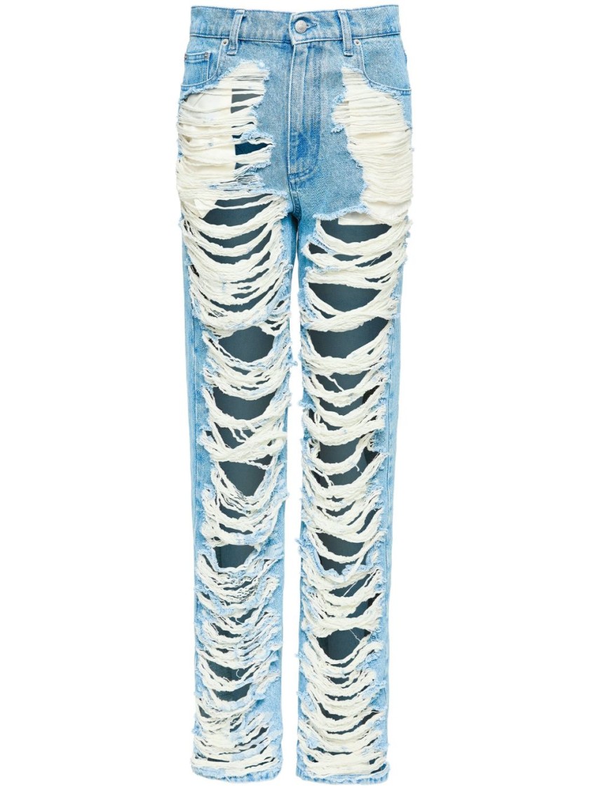 Mm6 Maison Margiela Mm6 By Maison Margiela Distressed Straight Leg Denim Jeans With White Stitching