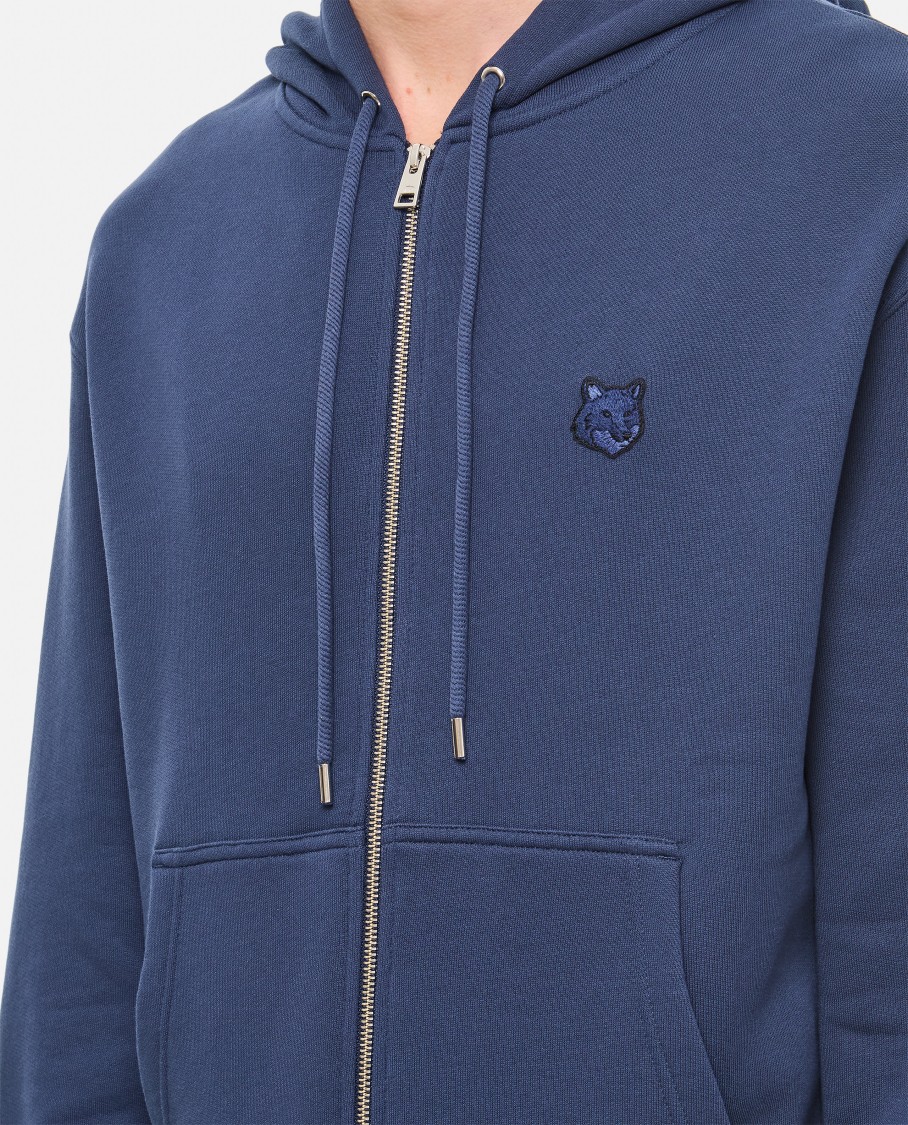Shop Maison Kitsuné Zippered Hoodie With Embroidered Logofront Pocket In Blue