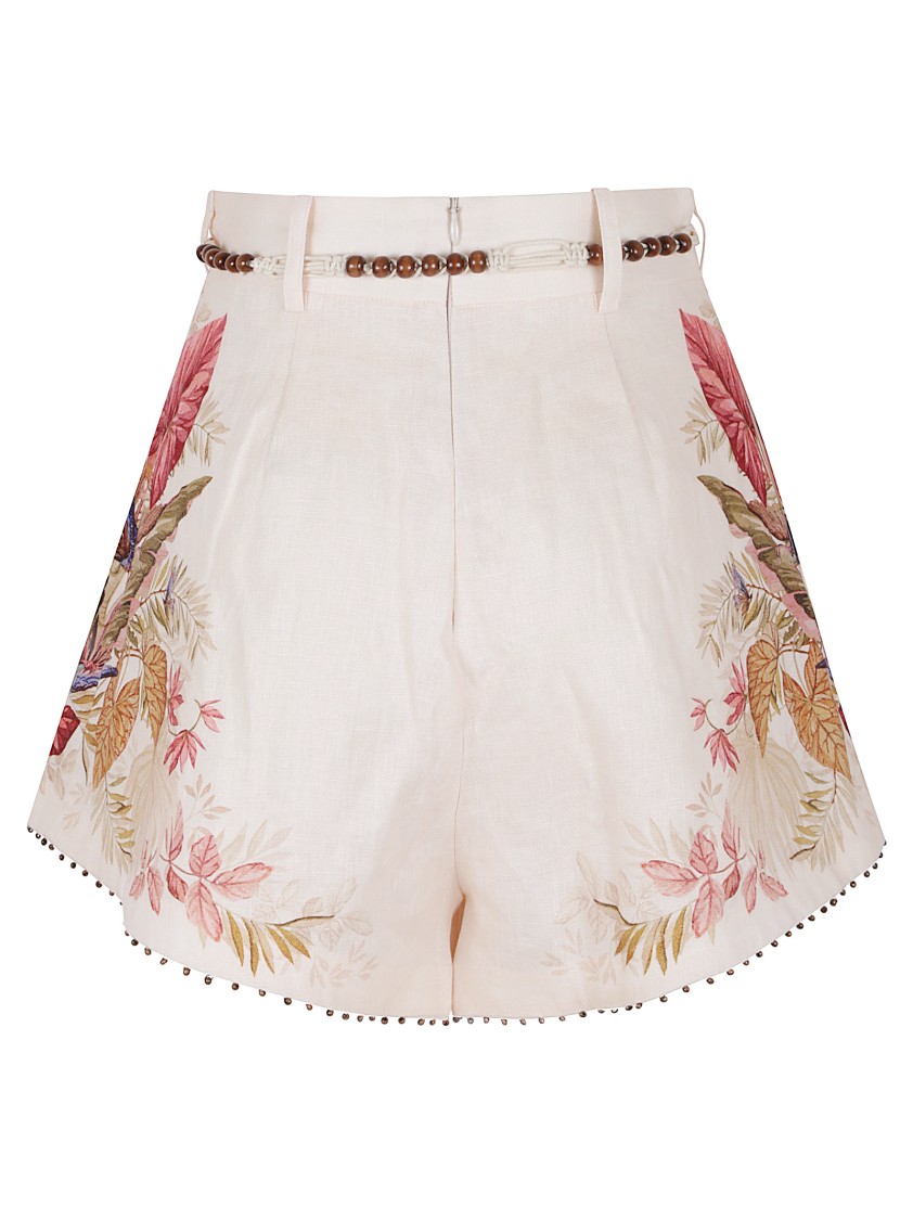 Zimmermann Ascension Belted Bead-embellished Floral-print Linen Shorts In Multi