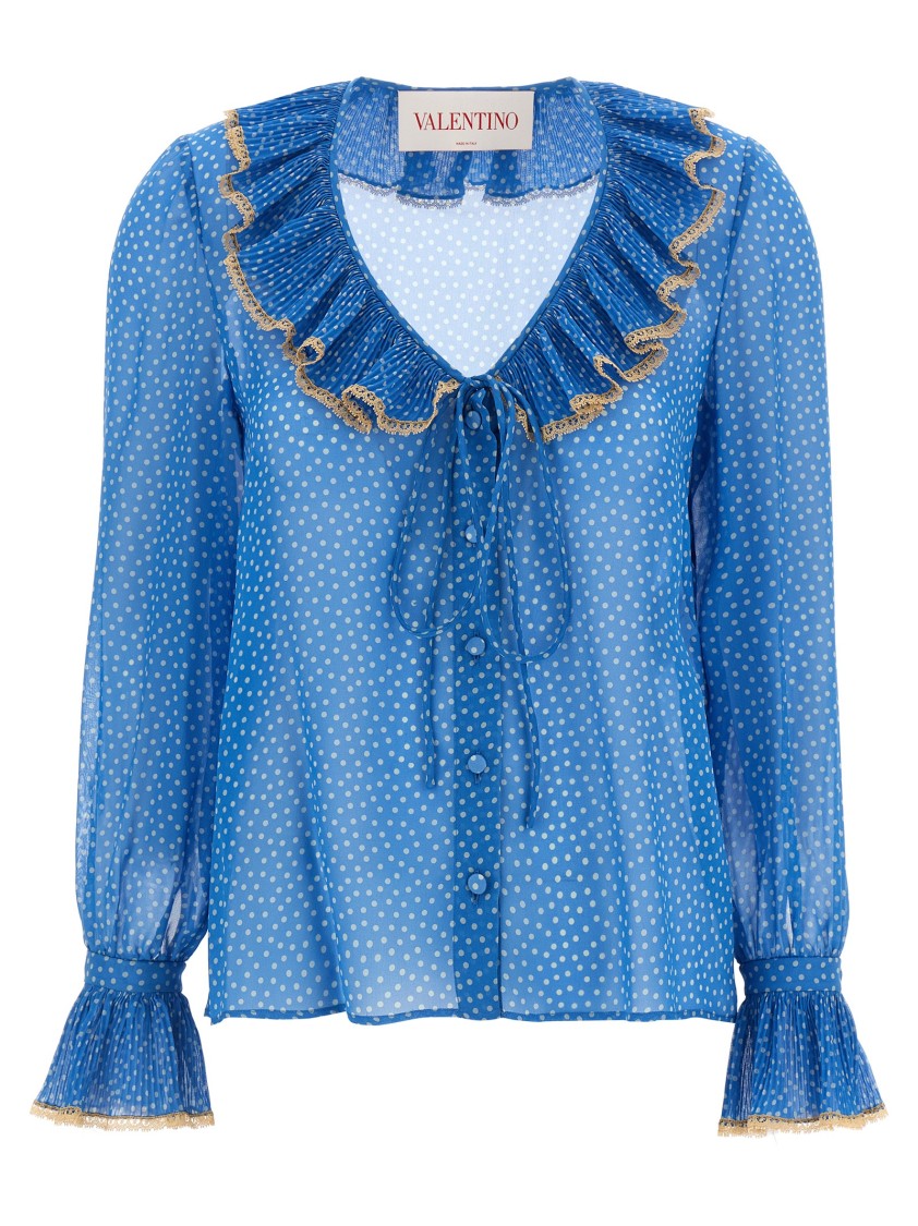 Valentino Garavani Micro-polka Dot Silk Georgette Shirt In Blue