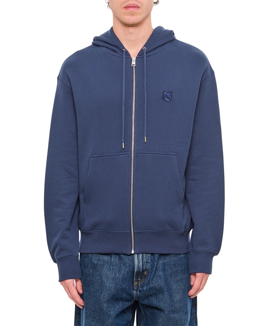 Shop Maison Kitsuné Zippered Hoodie With Embroidered Logofront Pocket In Blue