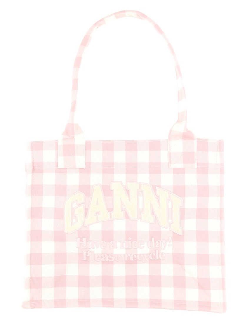 Ganni Tote Bag Checkered Dual Handles In Neutral