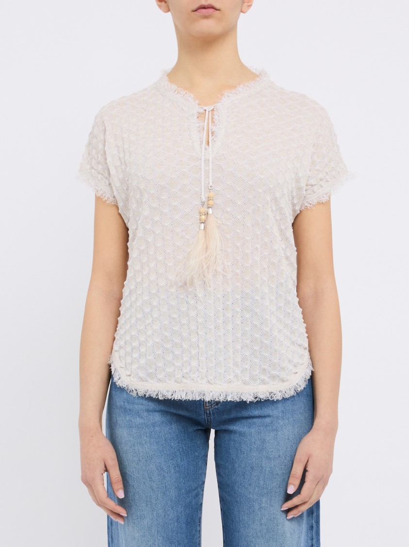 Kangra Cashmere Ecru Cotton Blend Short-sleeved Sweater