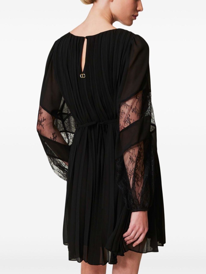 Twinset Twin-set Pleated Dress With Sheer Lace Sleeves