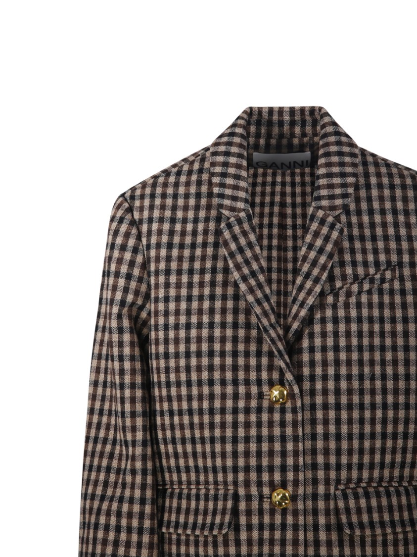 Ganni Check Wool Mix Oversized Blazer Jackets Brown In Multi