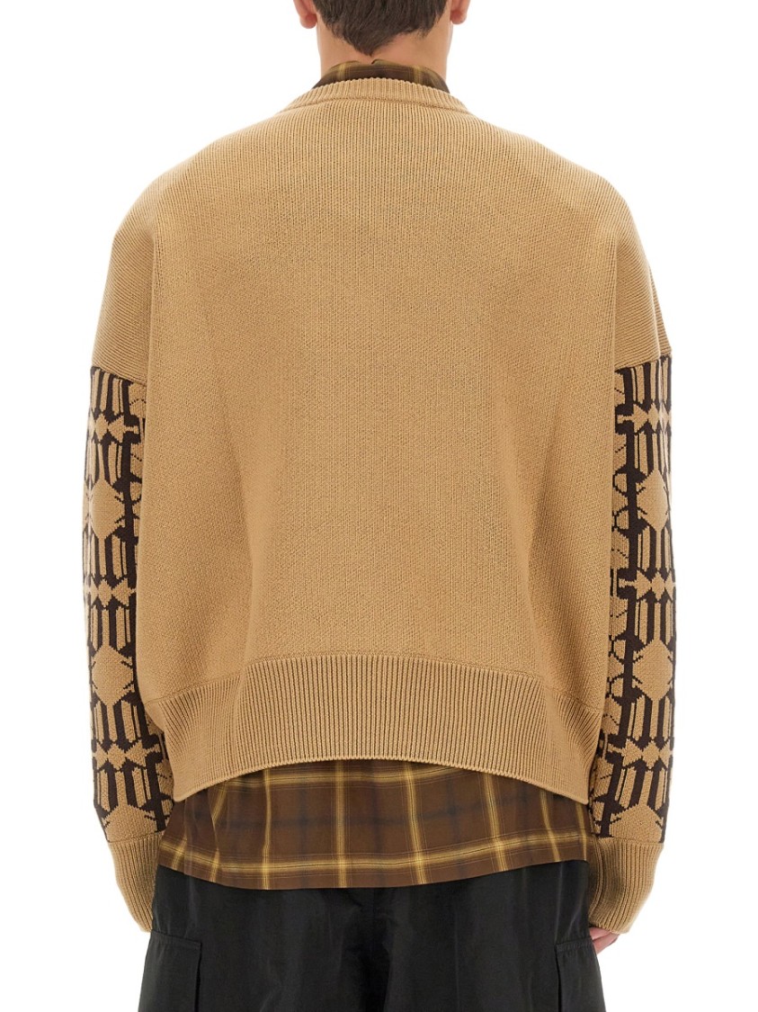 Palm Angels Embroidered Allover Monogram Jacquard Sweater In Brown