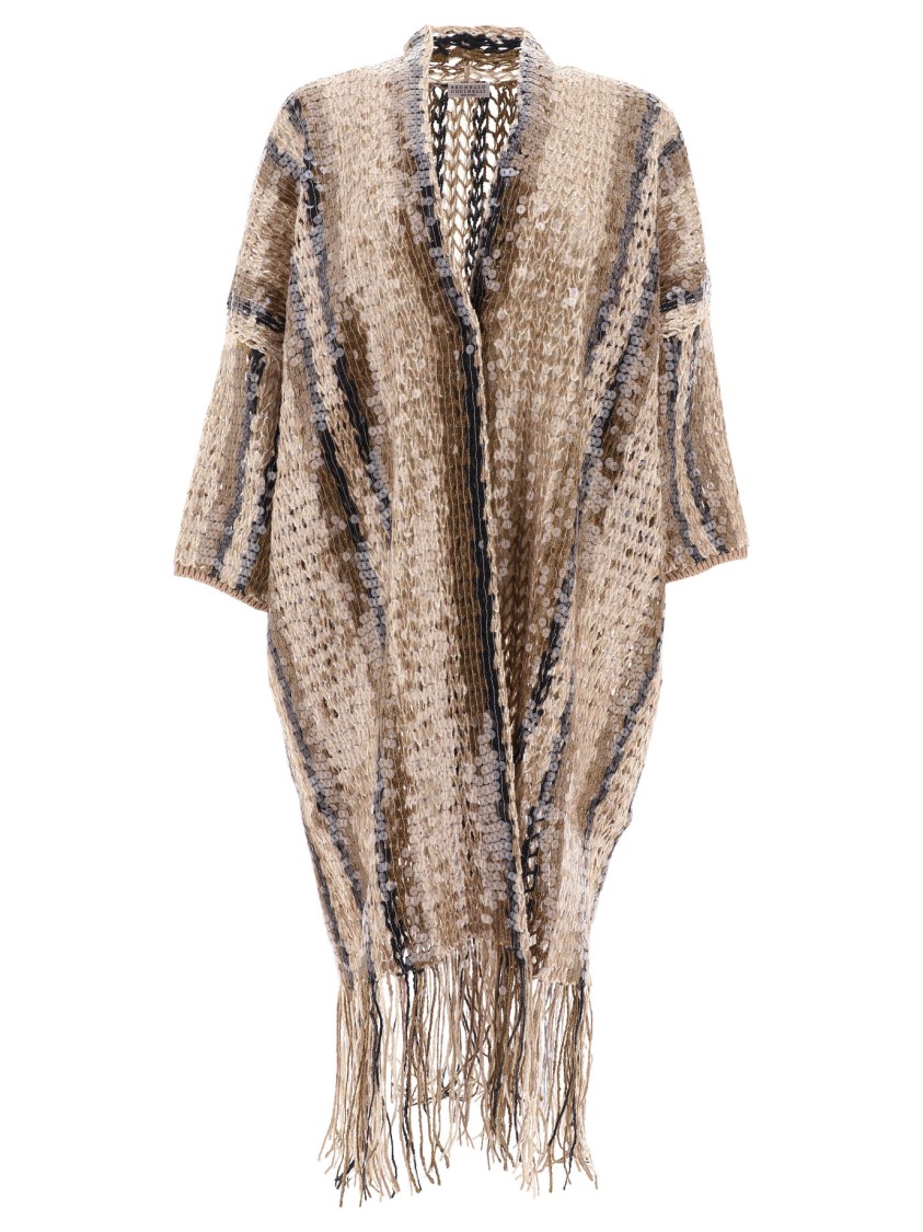 Brunello Cucinelli Open-knit Brown Knitwear With Fringe Detailing In White