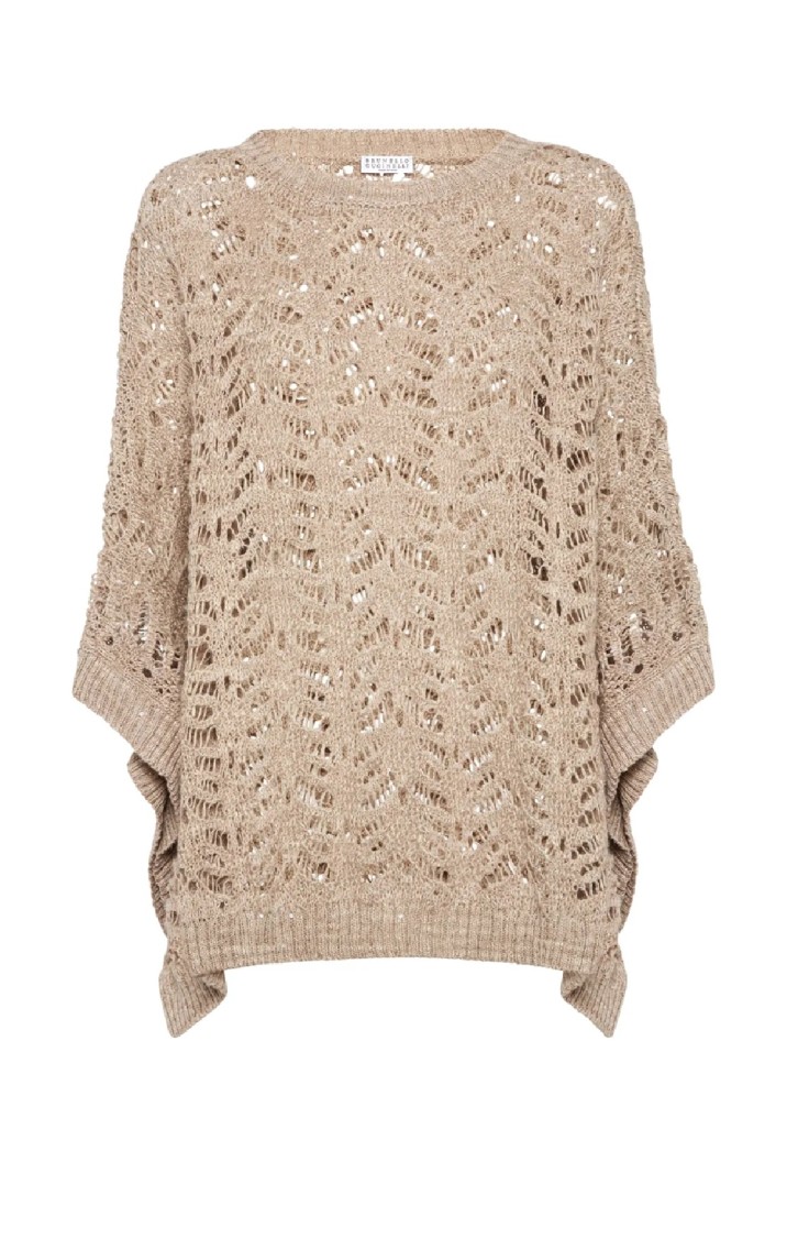 Brunello Cucinelli Poncho In Foliage Lace In Knitwear In Beige Linen