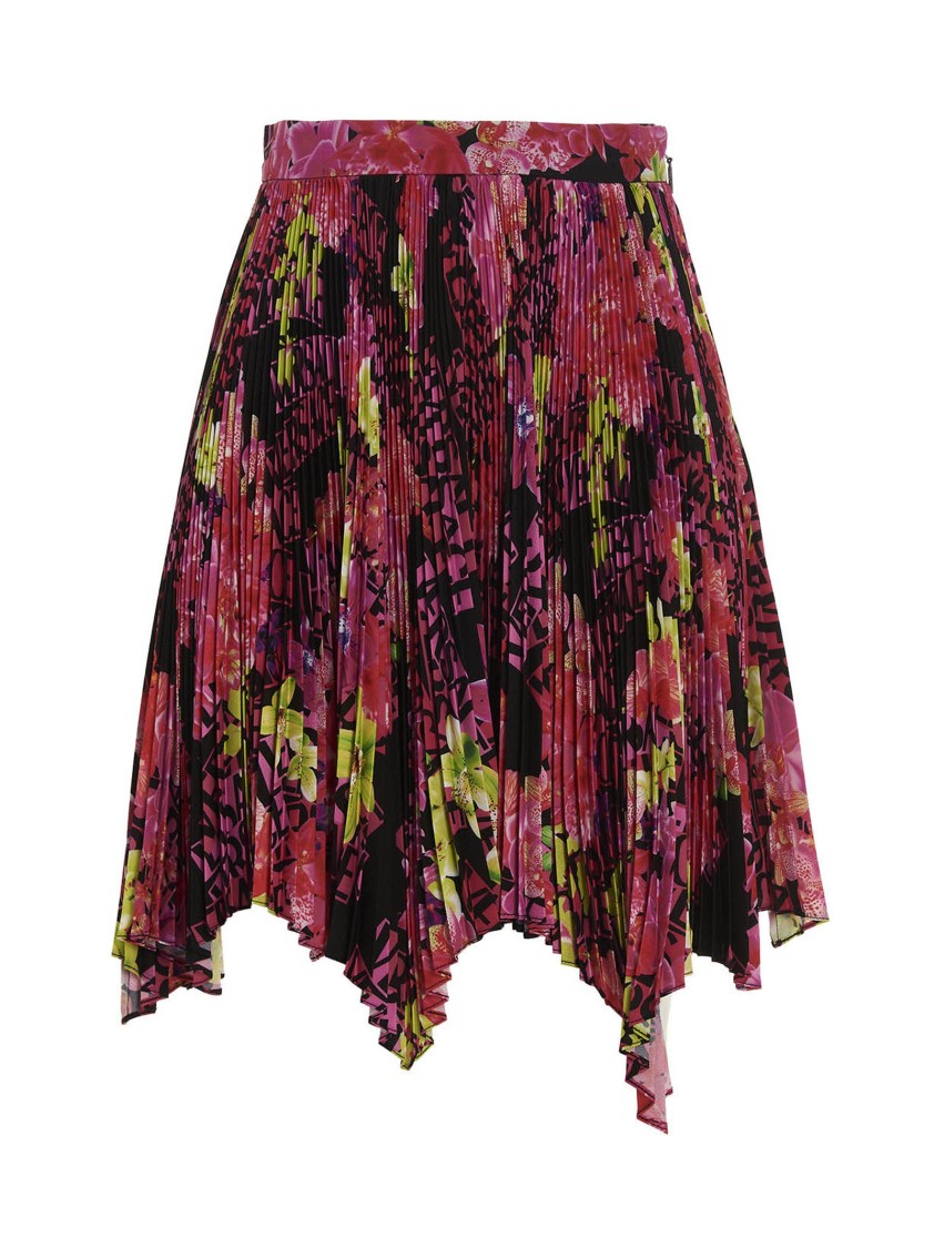 Versace Multicolor Asymmetric Pleated Mini-skirt With Logo Orchid Print In Polyester Woman In Pink