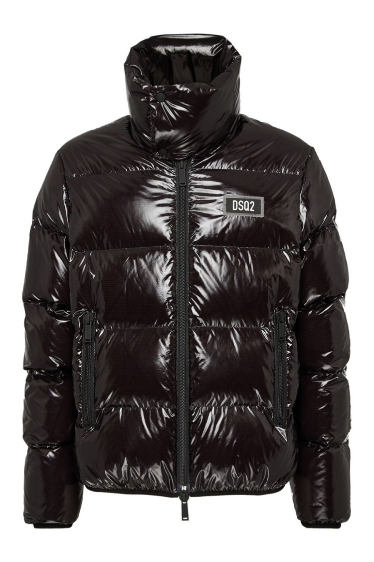 Dsquared2 Black Down Jacket With Logo Patch On The Front In Tech Fabric Man
