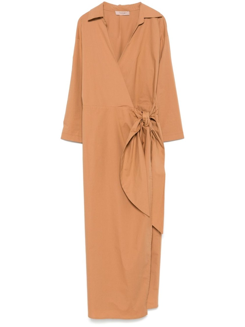 Shop Twinset Twin-set Beige Midi Dress With Wrap Design In Neutrals