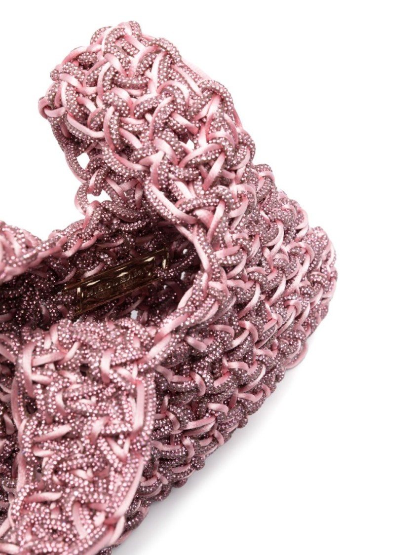 Shop Hibourama Woven Satin Handbag With Crystal Details And Knot Closure In Pink