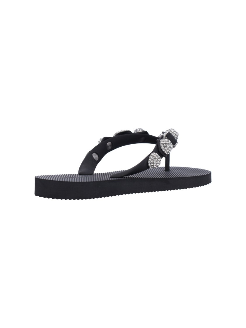 Balenciaga 'cagole' Black Rhinestoned Thong Sandals With Buckle On The Front In Tech Fabric Woman In Black