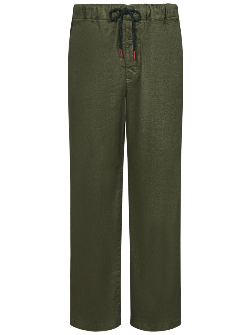 KITON KITON STRETCH LINEN AND COTTON GREEN TROUSERS WITH DRAWSTRING WAISTBAND
