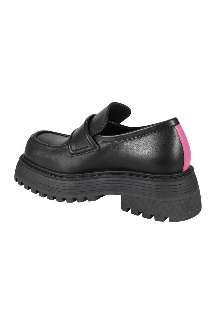 3juin Leather Loafers With Fuchsia Detail And Raised Sole In Black
