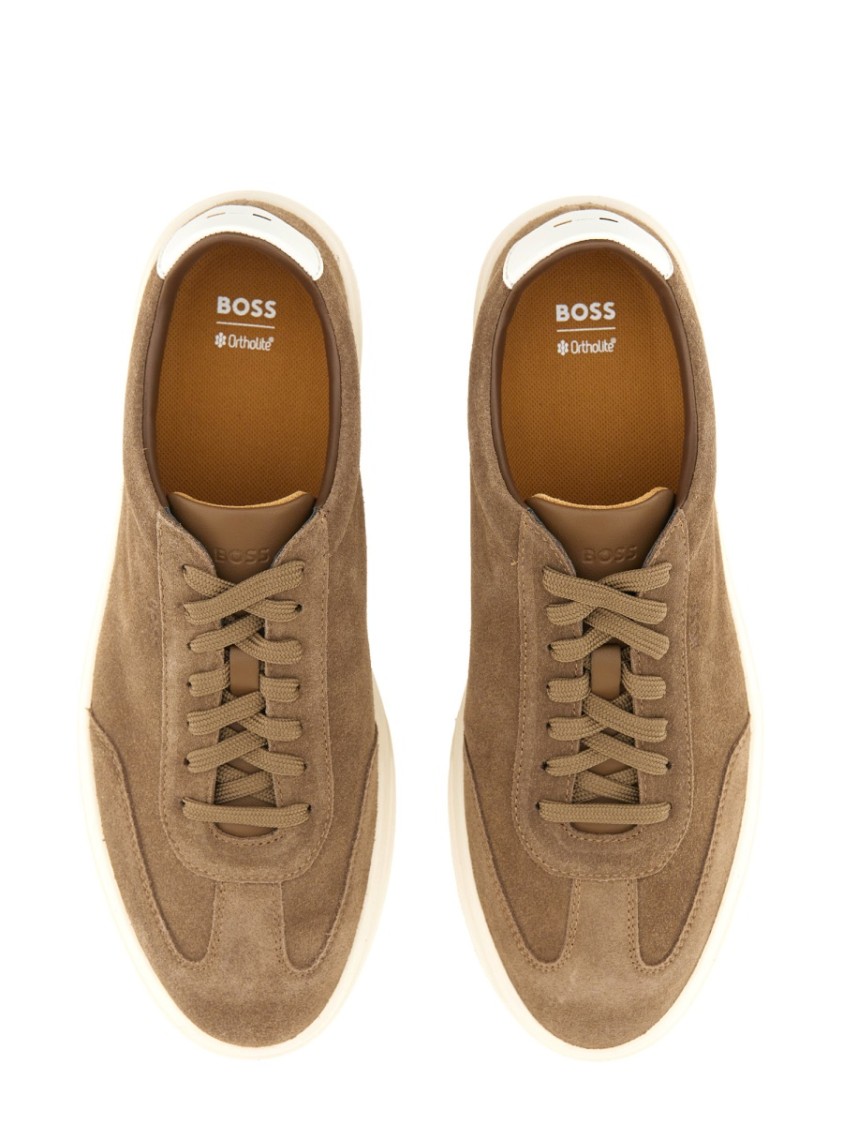 Hugo Boss Boss Soft Suede Sneakers With Contrasting Rubber Sole In Brown
