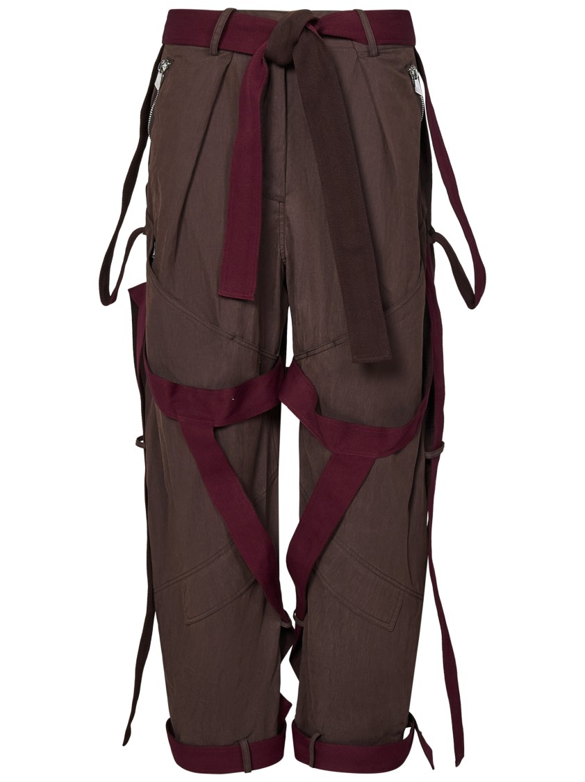 Attico Brown Pants With Side Zip Pockets And All-over Applied Bands In Cotton Blend Woman In Burgundy