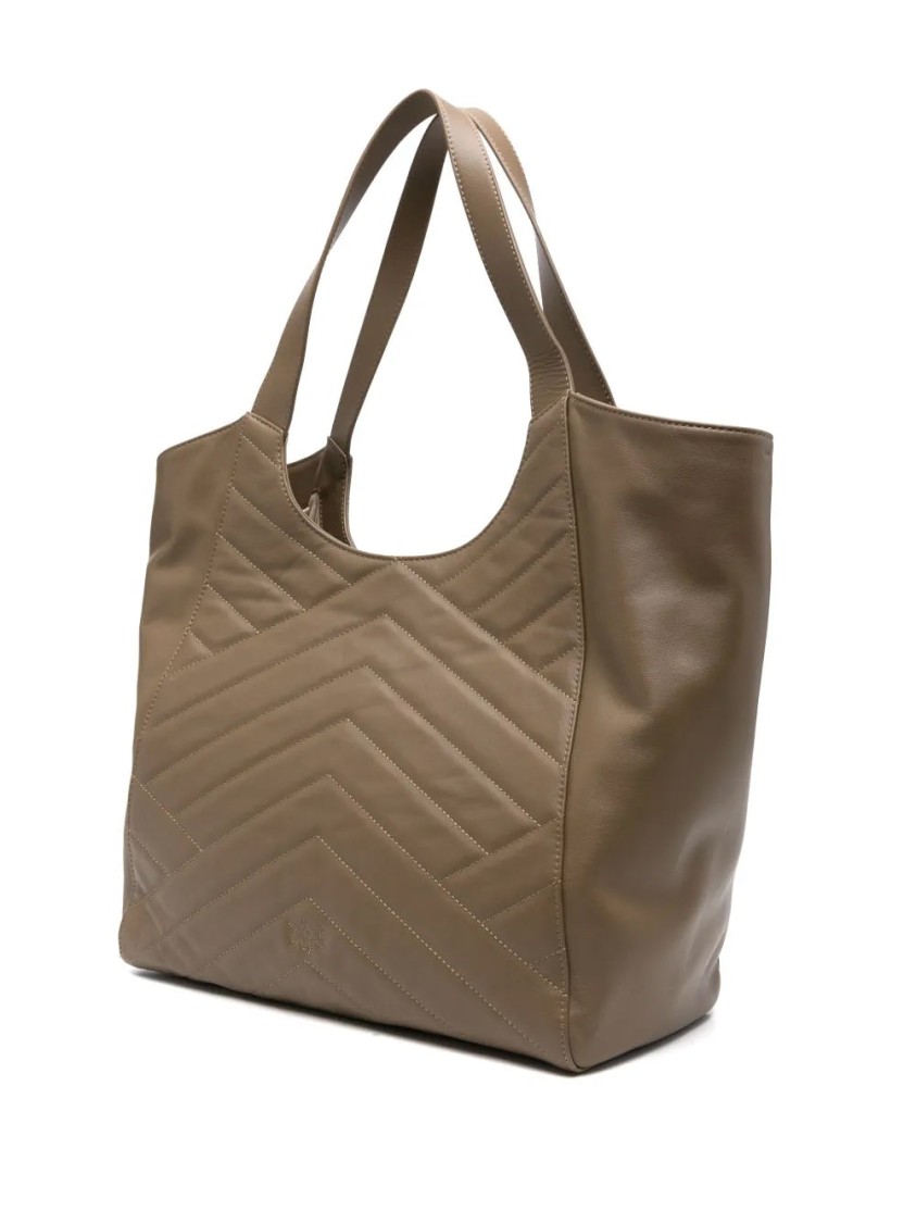 Pinko Quilted Chevron Tote Bag With Decorative Emblem In Brown