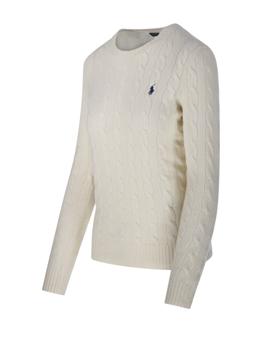 Polo Ralph Lauren Classic Cable Knit Sweater With Round Neckline And Ribbed Details In Neutral