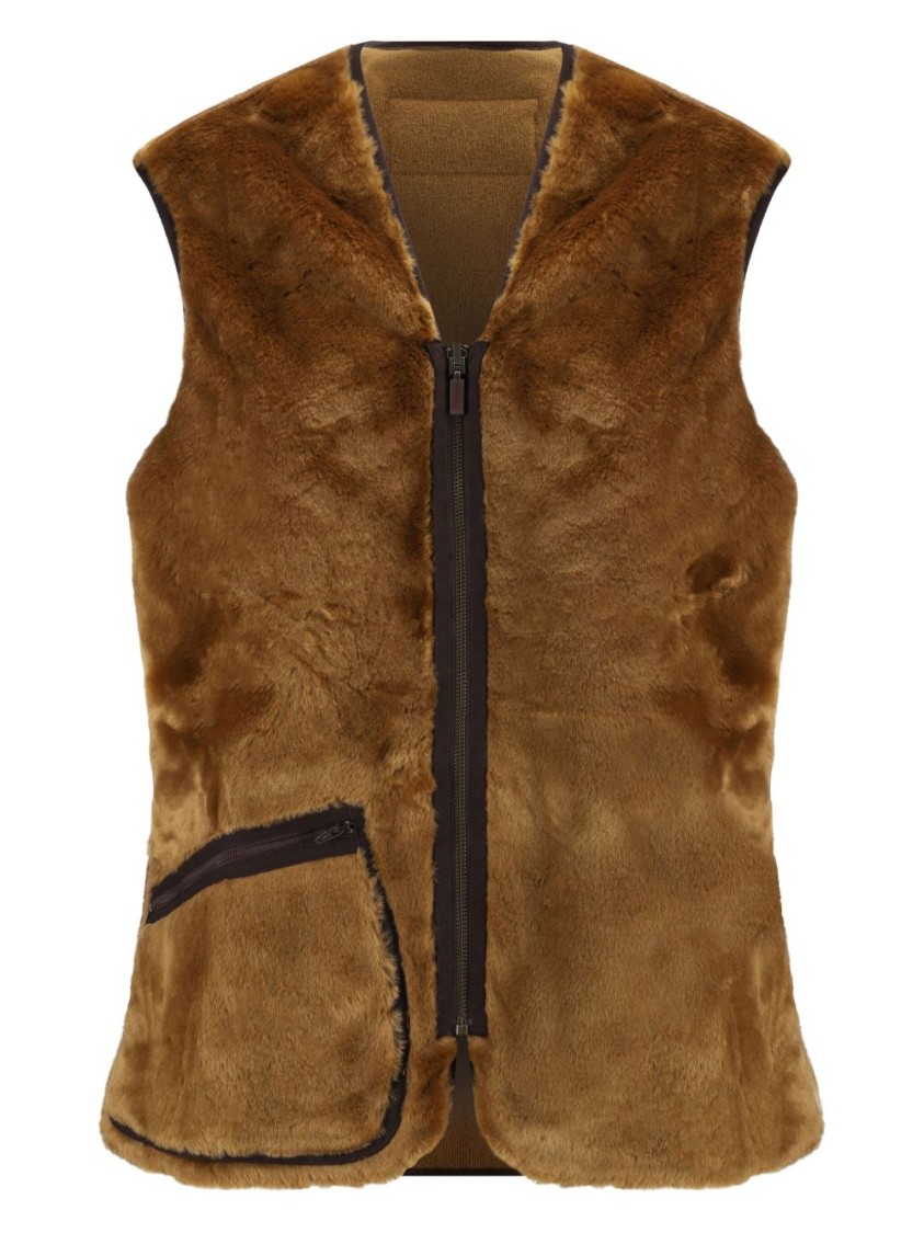 Barbour Sleeveless Tailored Jacket With Textured Fabric And Contrasting Trim In Brown
