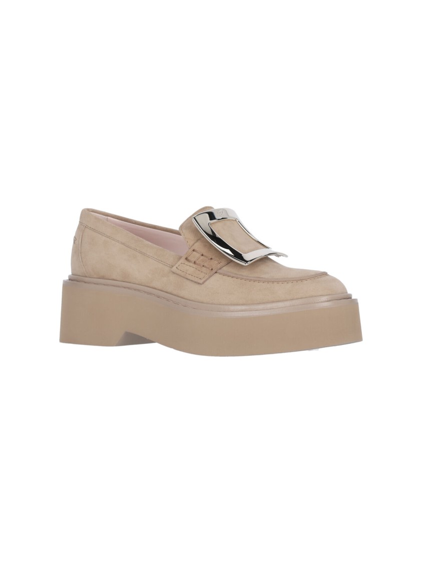 Roger Vivier Suede Beige Slip-on Moccasins With Silver Buckle Detail In Neutral