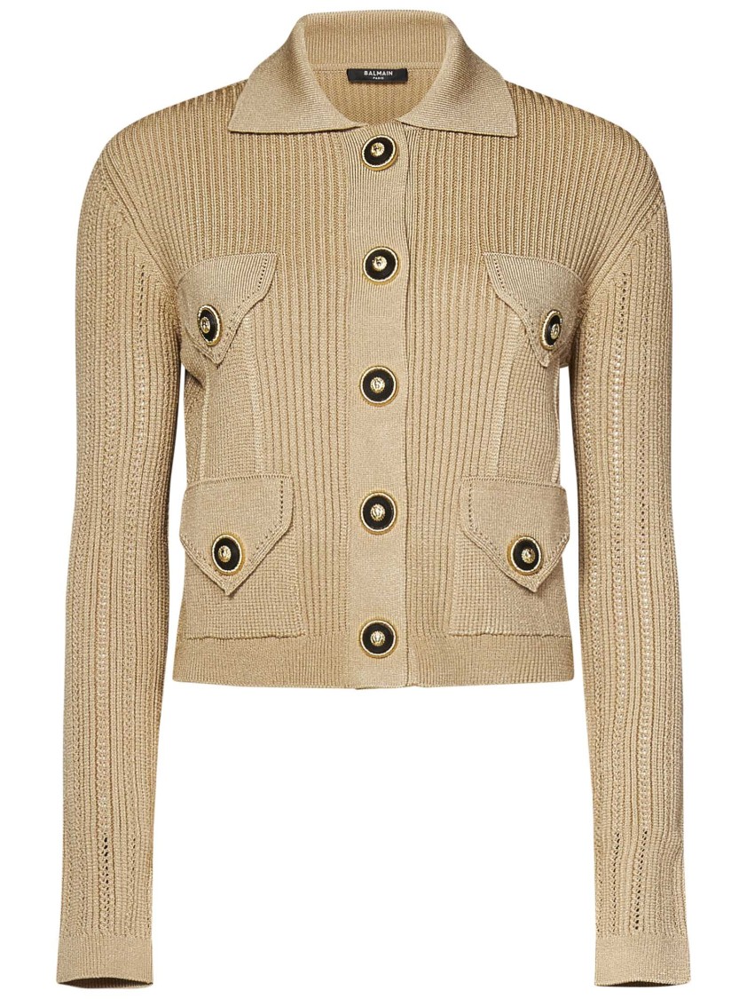 Shop Balmain Cropped Beige Ribbed Cardigan With Openwork Logo