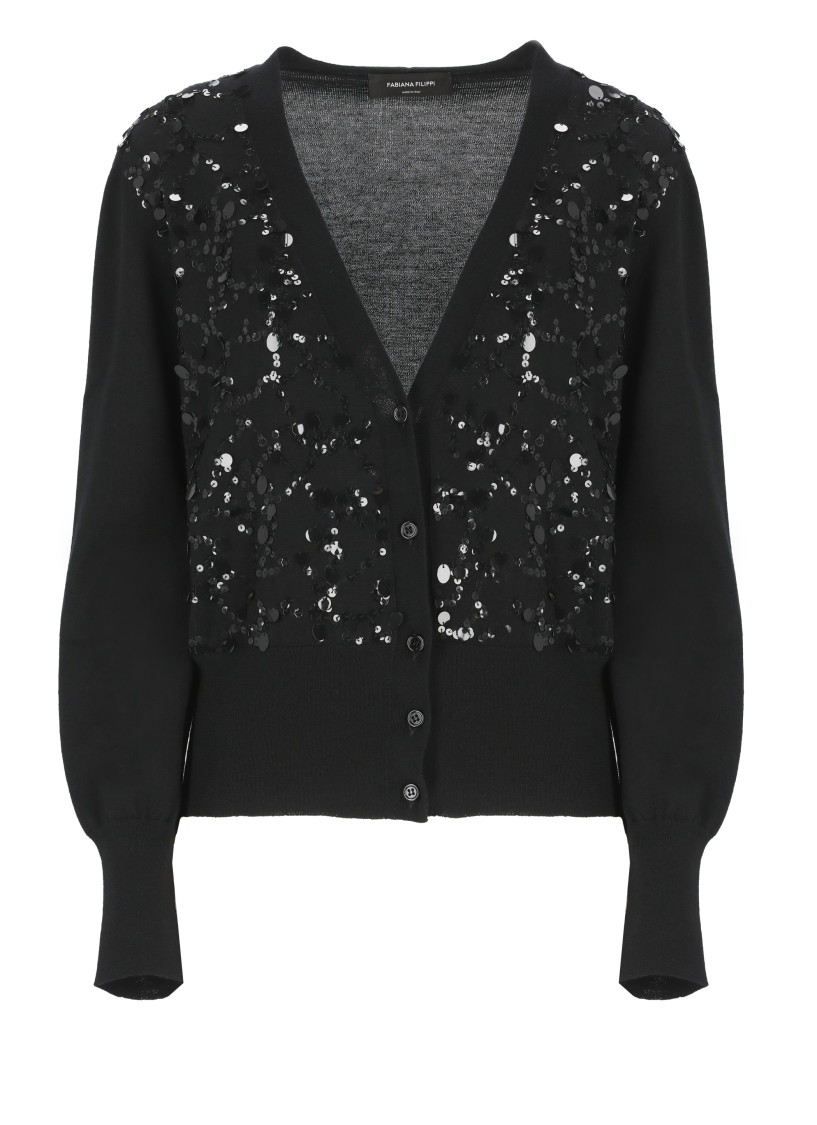 Fabiana Filippi V-neck Wool Blend Cardigan With Front Sequins Detail In Black