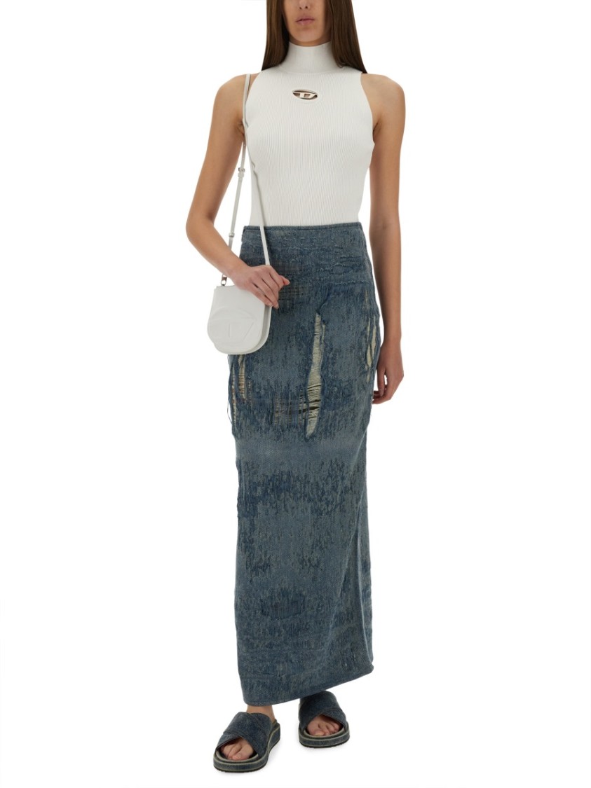 Diesel Megan Distressed High-waisted Long Skirt In Gray