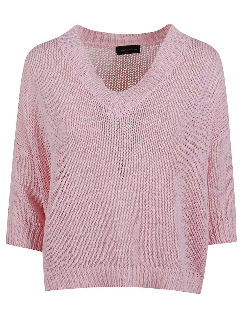 Roberto Collina Lightweight Cotton Sweater With Deep V-neckline In Pink