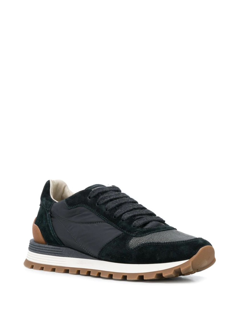 Brunello Cucinelli Suede And Leather Sneakers With Cushioned Sole In Black