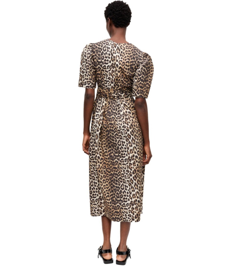 Ganni Leopard Print Cotton Midi Dress In Animal Print