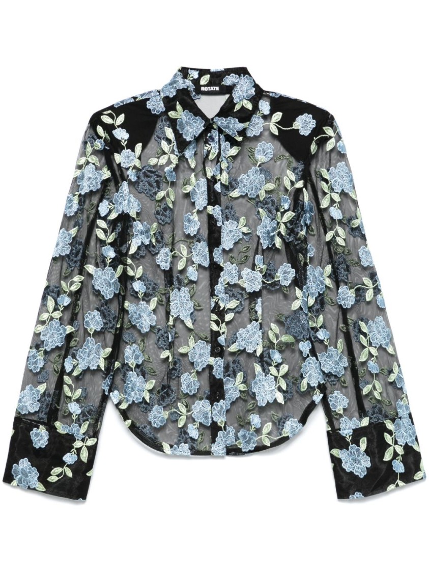 Rotate Birger Christensen Rotate Sheer Black Shirt With Intricate Floral Embroidery In Black