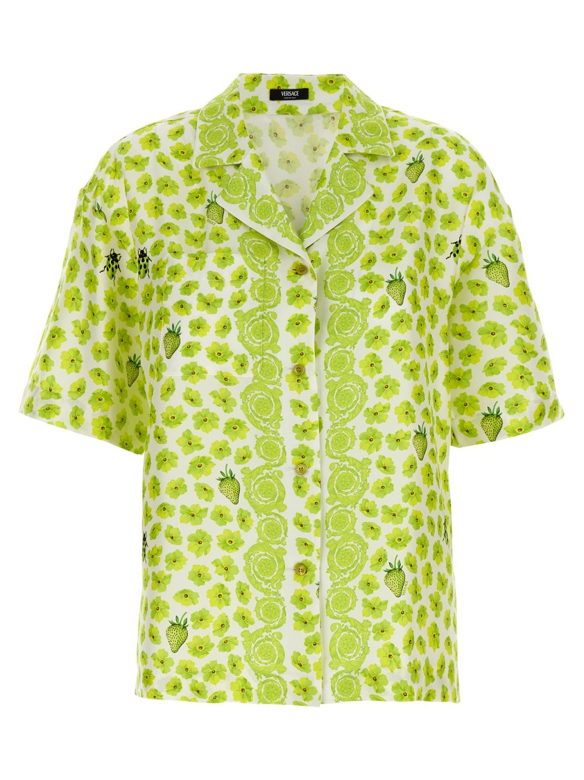 Versace Silk Twill Shirt With Strawberry Garden Print In Green