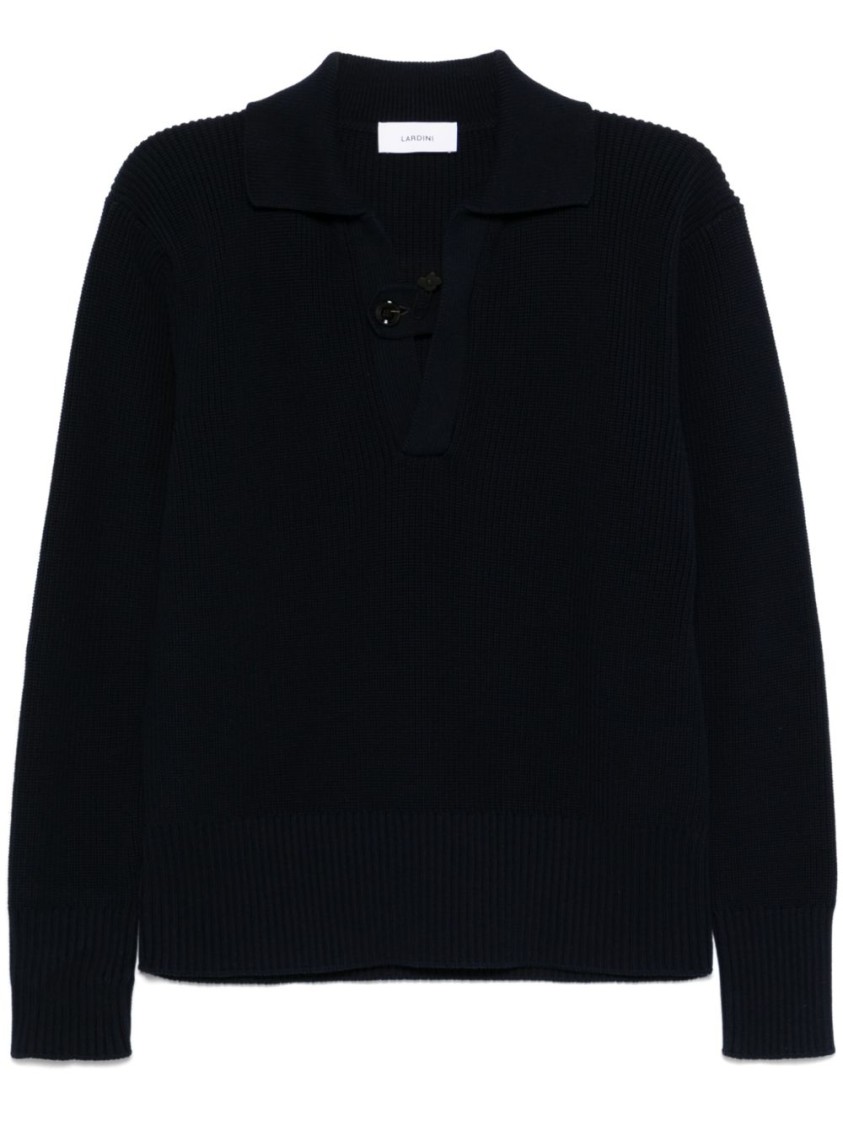 Lardini Button-closure Black Cotton Sweater With Ribbed Texture In Black
