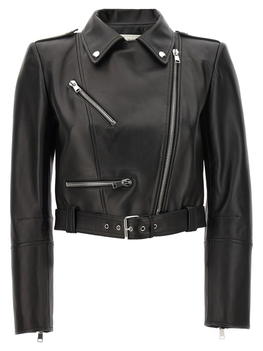 Alexander Mcqueen Mcqueen Cropped Leather Jacket With Off-center Zip Closure In Black