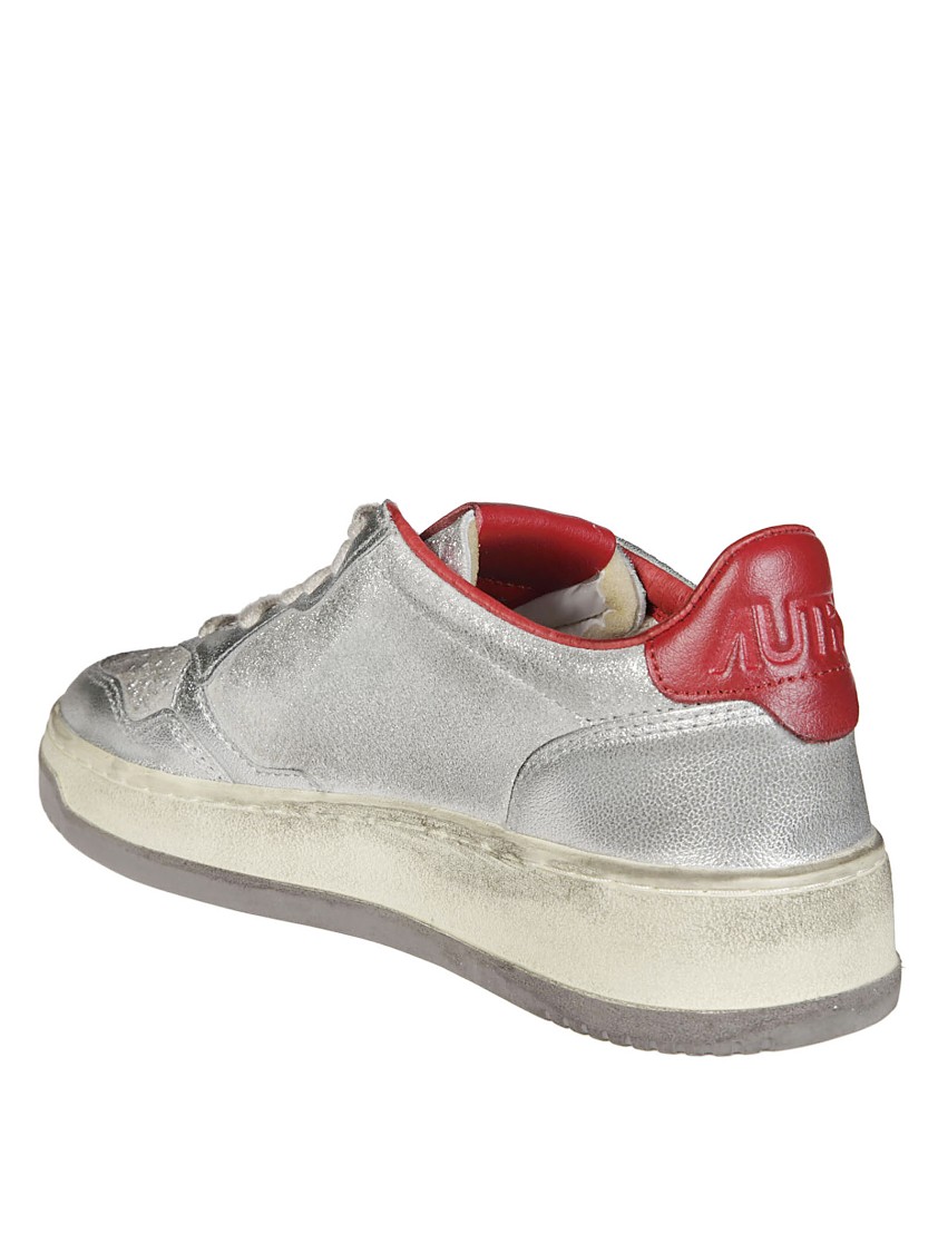 Autry Metallic Silver Sneakers With Textured Finish And Contrasting Red Accents In Multi