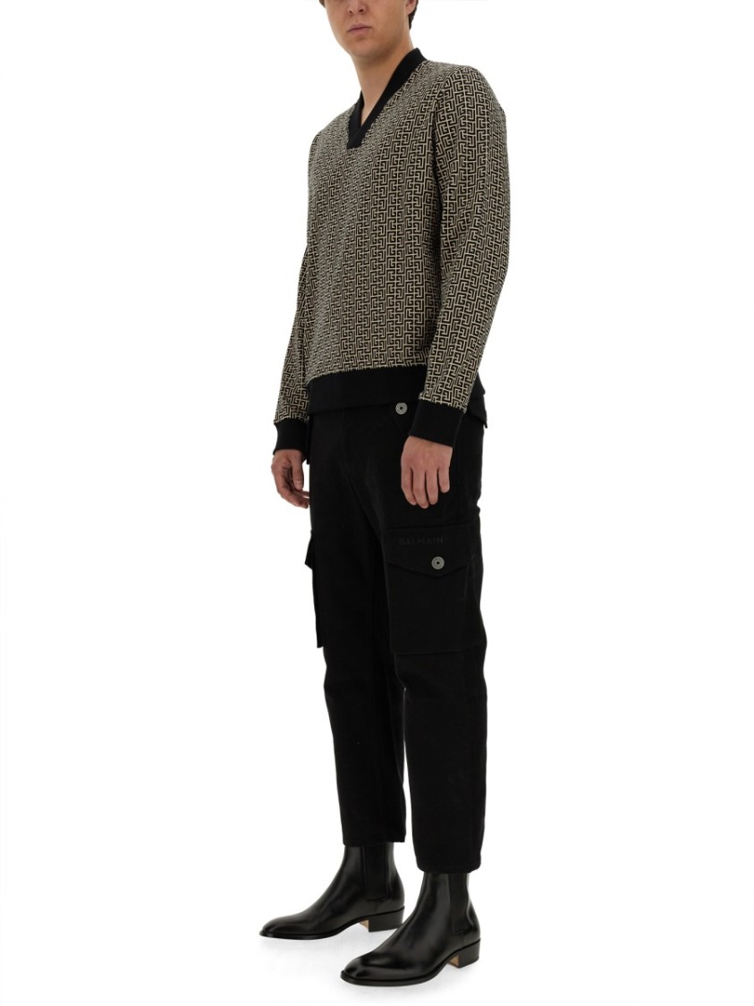 Balmain Geometric Monogram Jersey With Deep V-neckline In Grey