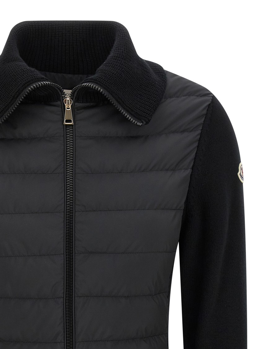 Moncler Two-material Cardigan With Goose Down Padding And High Neck In Black