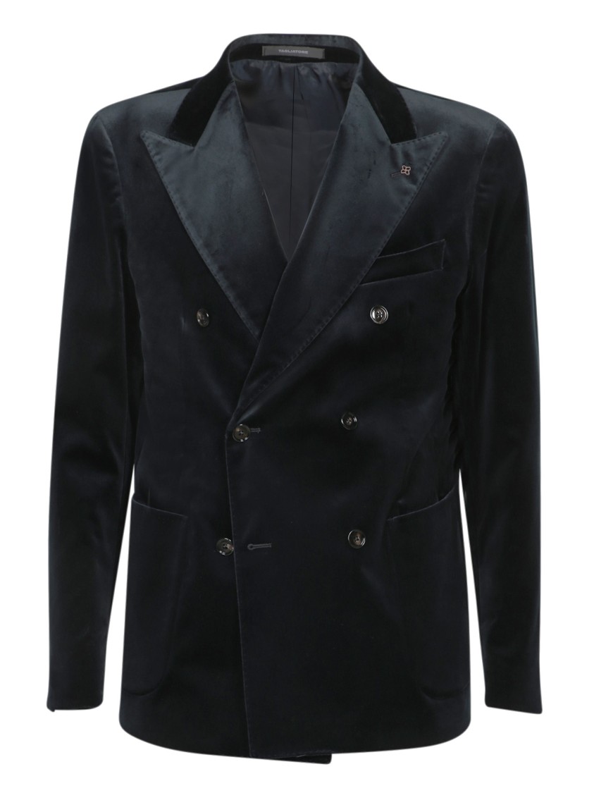 Shop Tagliatore Blue Double-breasted Velvet Blazer In Black