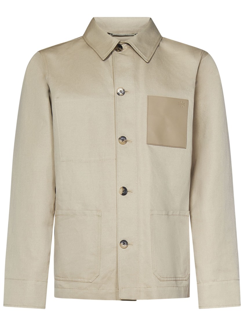 Jacob Cohen Beige Overshirt With Modern Herringbone Pattern And Leather Pocket