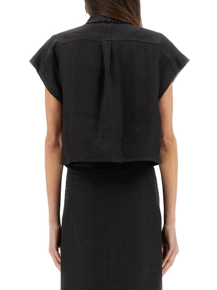 Shop Alysi Cropped Linen Shirt With Classic Collar In Grey