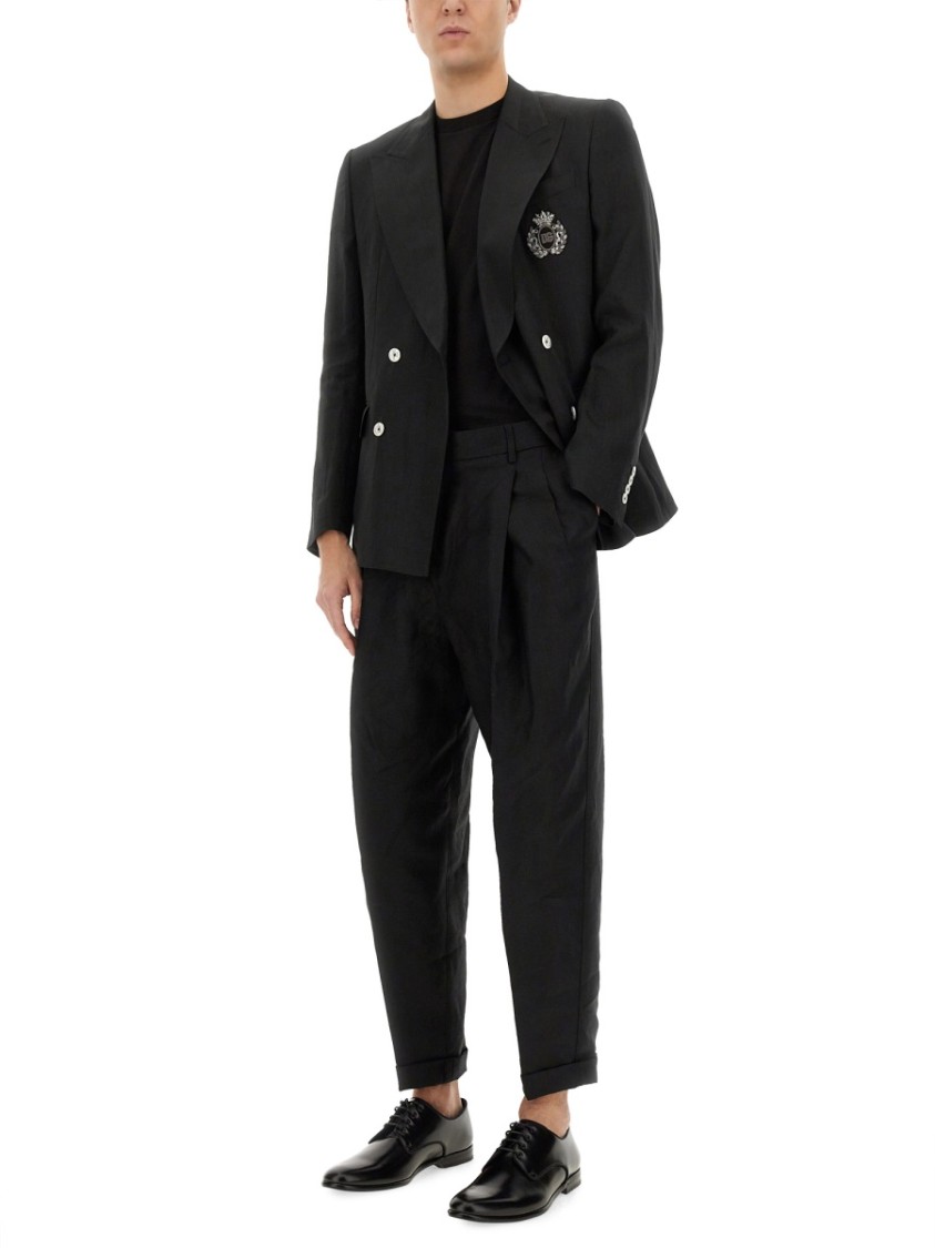 Dolce & Gabbana Black Pants With Turn-up Hem In Linen Man In Black