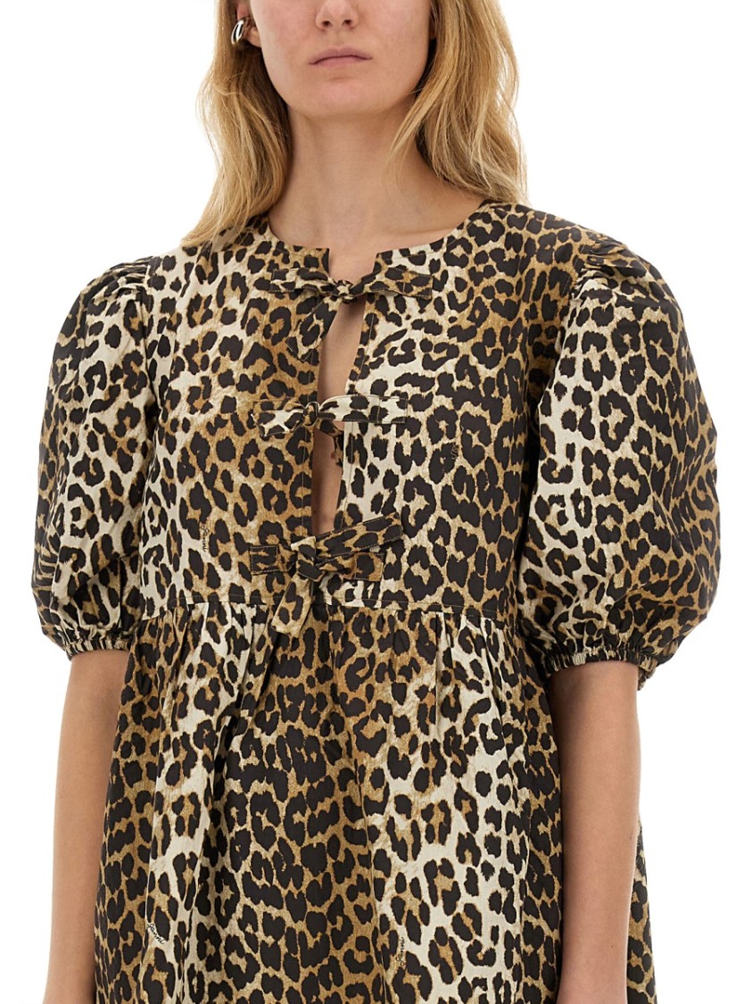 Ganni Printed Tie String Poplin Mini Dress In Brown