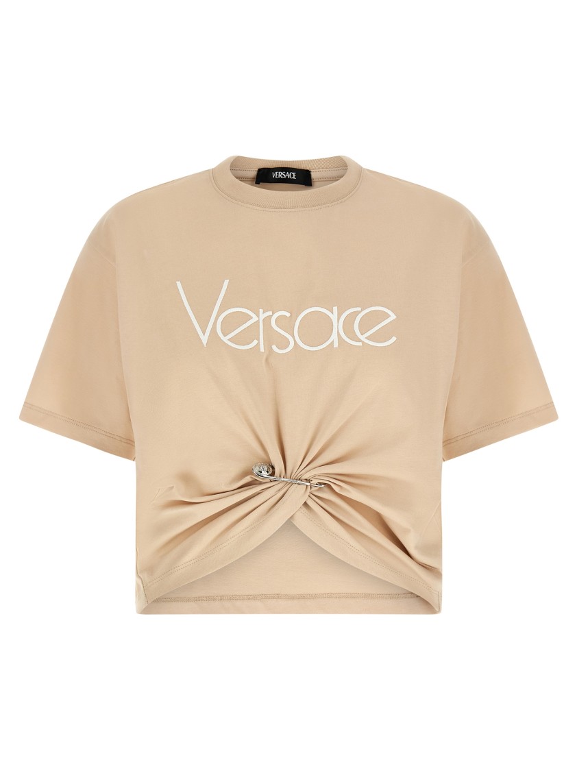 Versace Embroidered Logo T-shirt With Safety Pin Detail In White