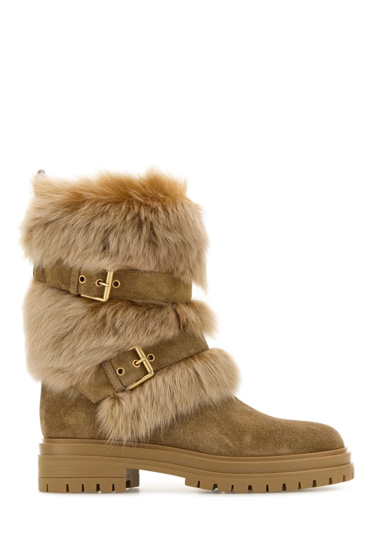Gianvito Rossi Camel Suede And Fur Maverick Ankle Boots In Brown